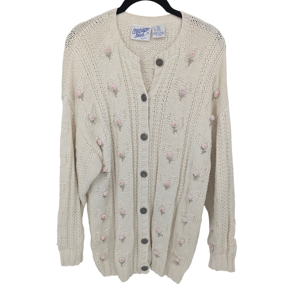 Vintage Cardigan Womens M Cream Pink Rose Cable Knit Thick Cottagecore Sweater